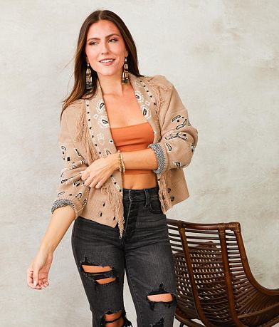 Hem & Thread Fringe Collared Cardigan Sweater front view