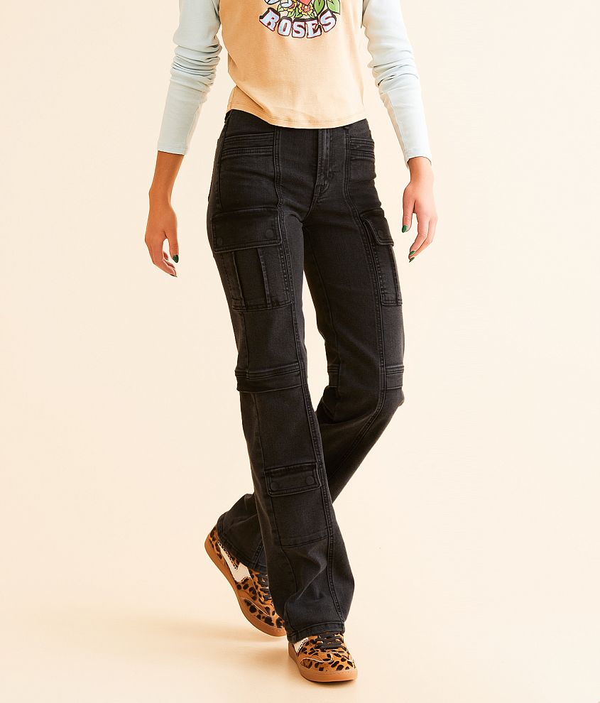 HIDDEN Ella Wide Straight Stretch Cargo Jean front view