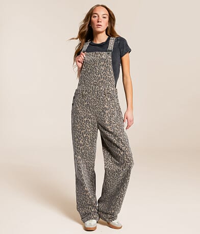 HIDDEN Dylan Cheetah Baggy Denim Overalls front view
