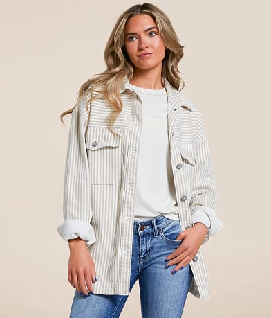 HIDDEN Striped Denim Stretch Shacket front view