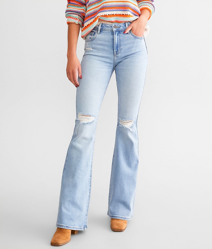 Washed Stretch Low Waist Flare Jeans