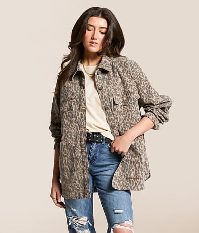 HIDDEN Oversized Cheetah Denim Stretch Jacket front view