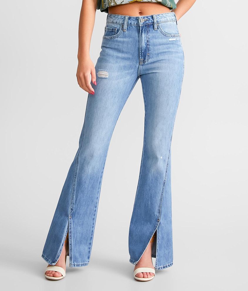 Low Waist Washed Slit Flared Jeans