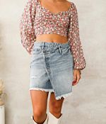 Asymmetrical Hem Frayed Patchwork Denim Skirt, Upcycled