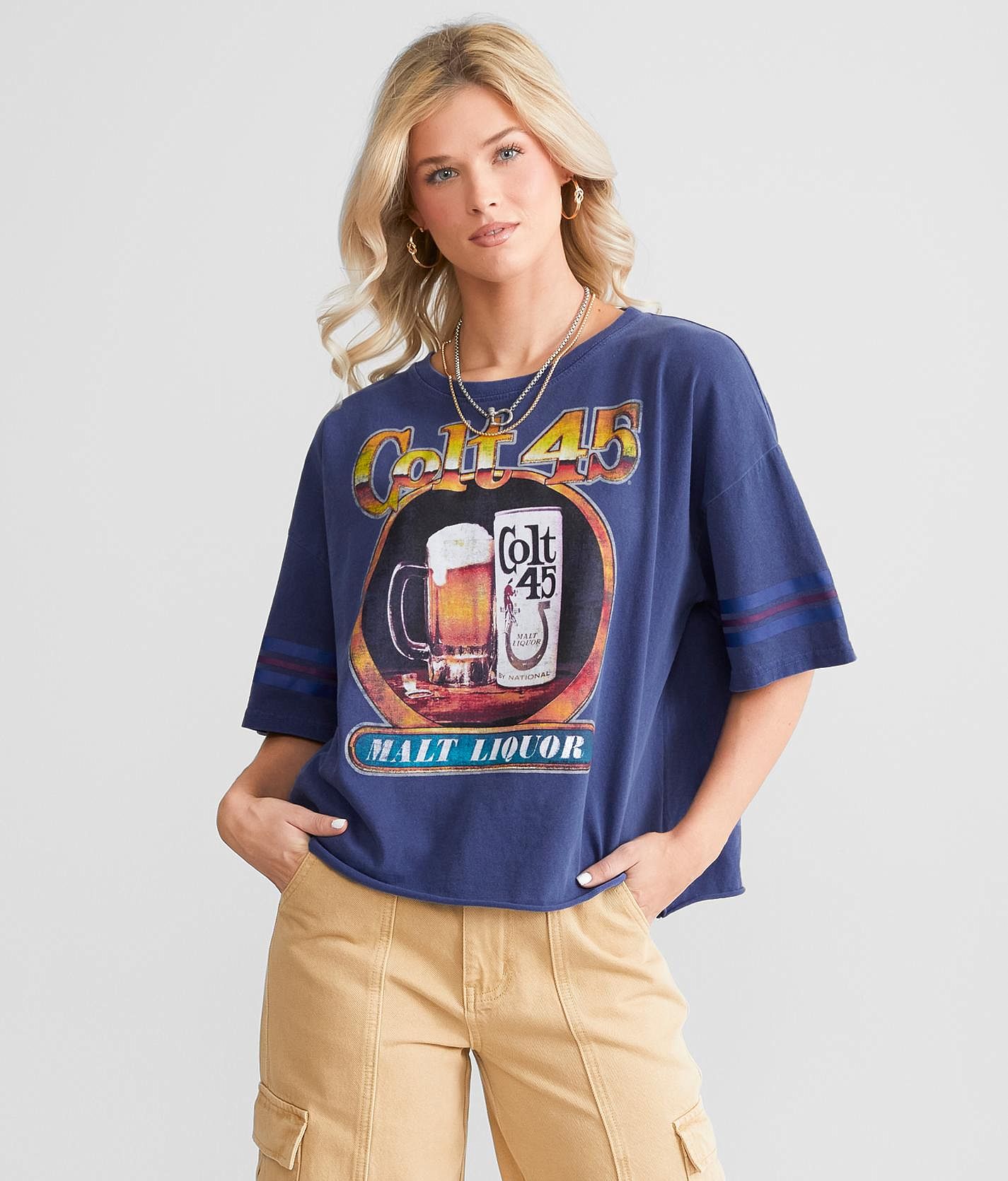 Goodie Two Sleeves Colt 45 Beer Cropped T Shirt Women s T