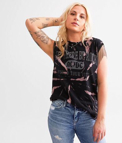 Goodie Two Sleeves AC/DC Chain Fringe Band Tank Top front view