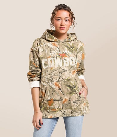 Goodie Two Sleeves Kiss Me Cowboy Camo Hooded Sweatshirt front view