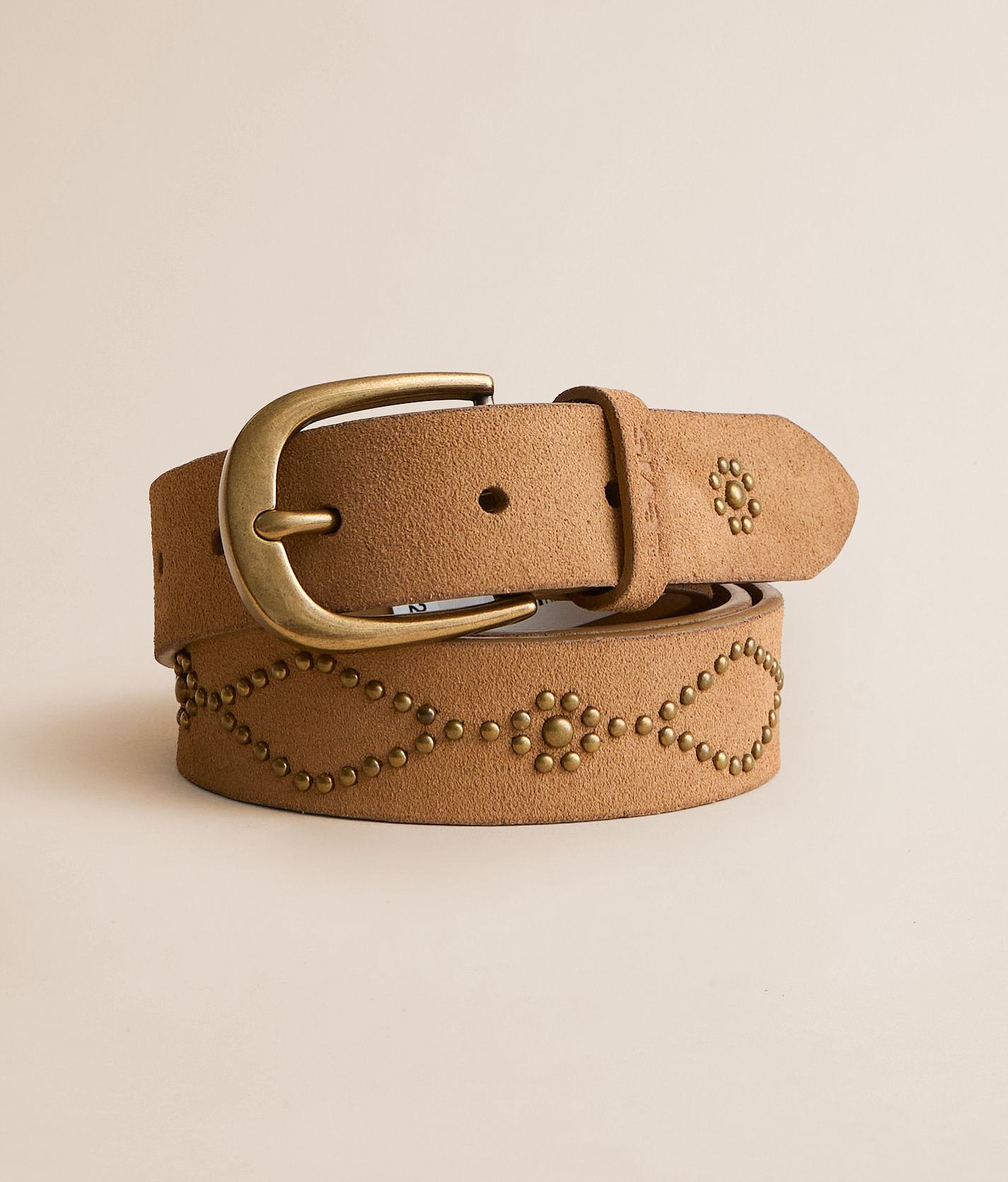 NEW BERGE women\'s gold stud belt in tan Buy Womens Taupe Suede Belt - Gold Horse Bit Buckle  main image 2