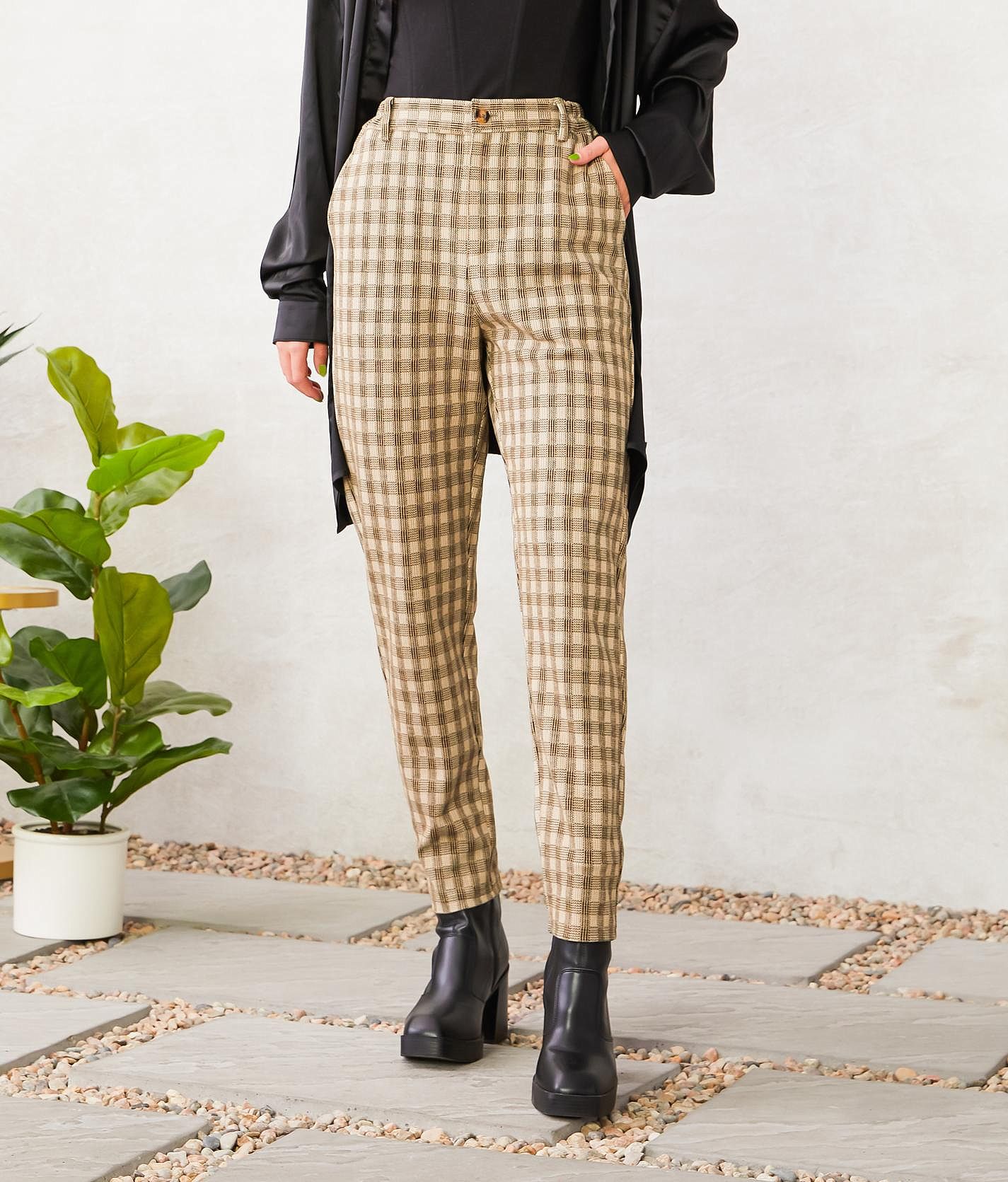 Willow & Root Plaid Trouser Pant - Women's Pants in Taupe Black