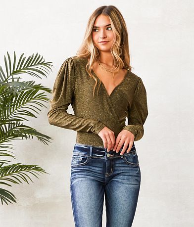 Willow & Root Sparkle Mesh Surplice Bodysuit front view