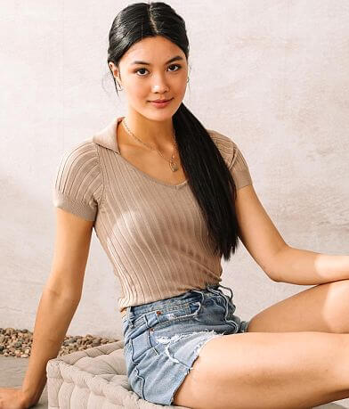 Willow & Root Ribbed Knit Collared Top