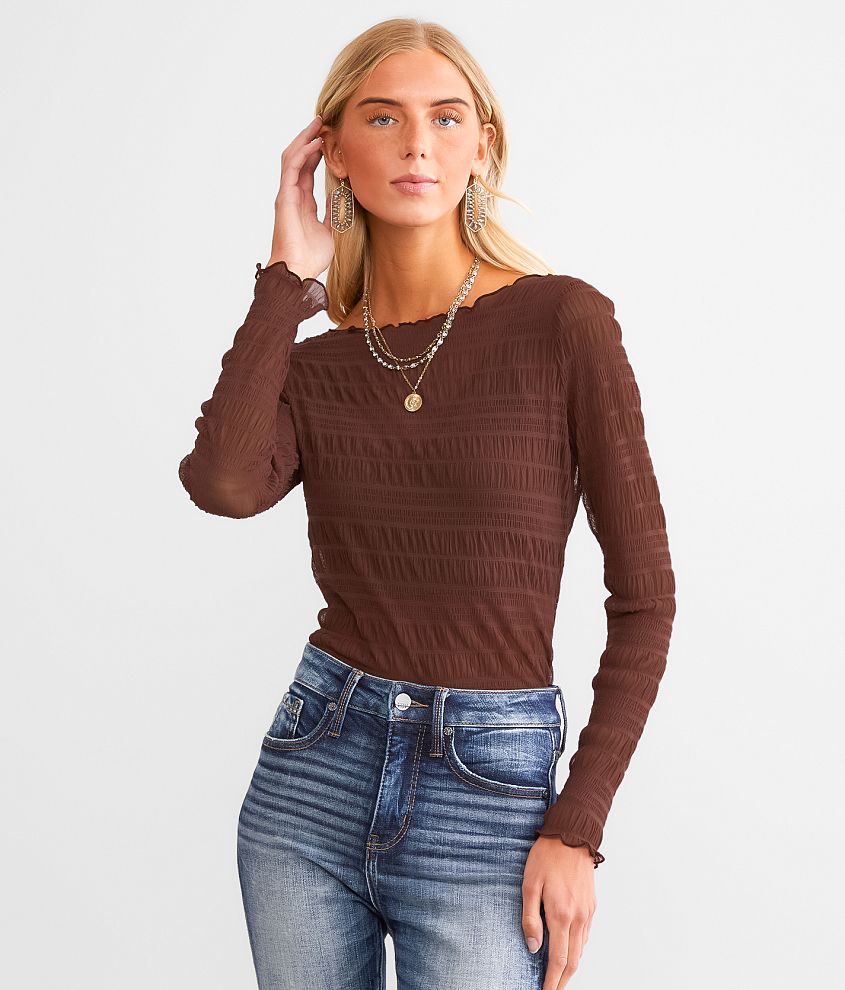 red by BKE Ruched Mesh Top - Women's Shirts/Blouses in Rum Raisin