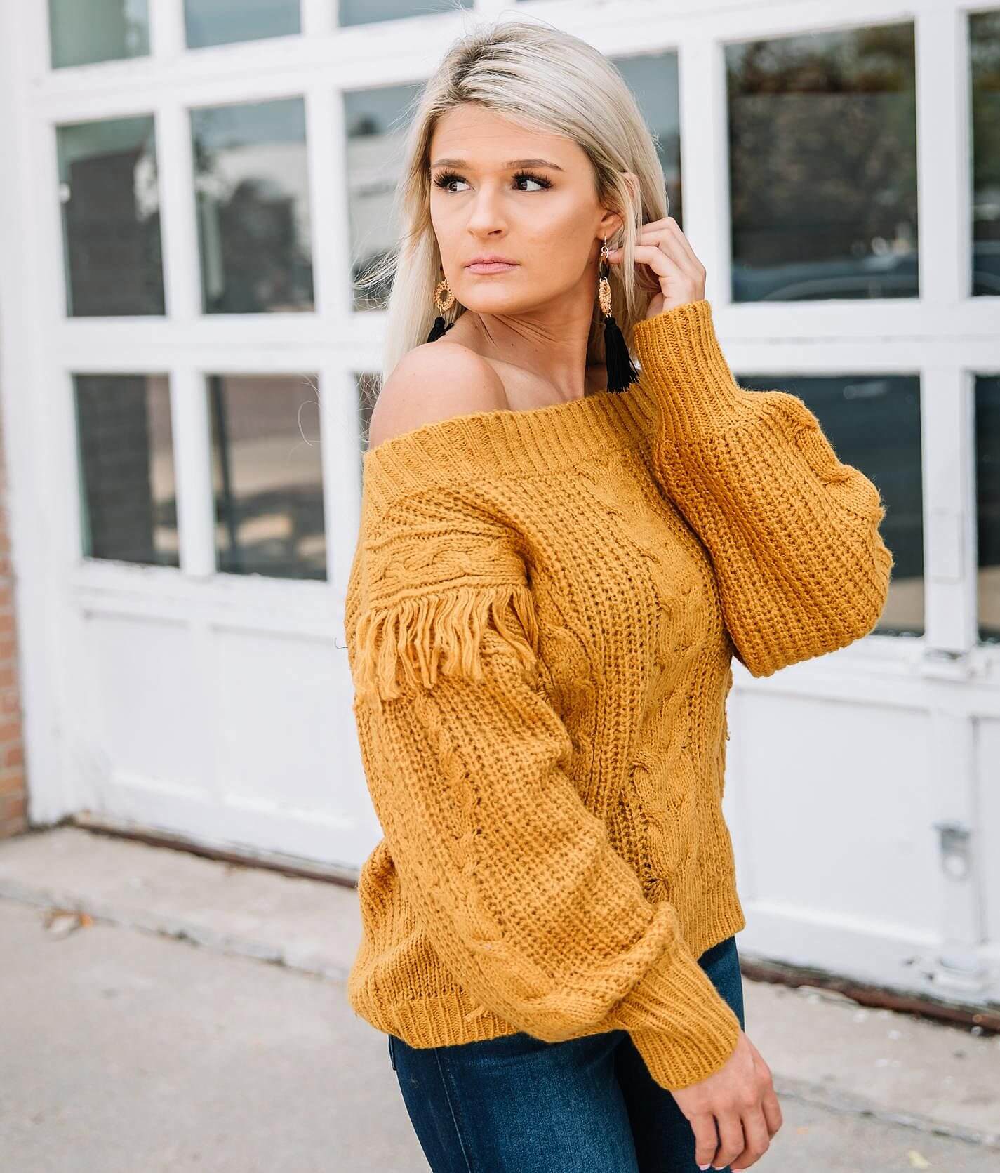 Willow u0026 Root Fringe Cable Knit Sweater - Women's Sweaters in Mustard |  Buckle