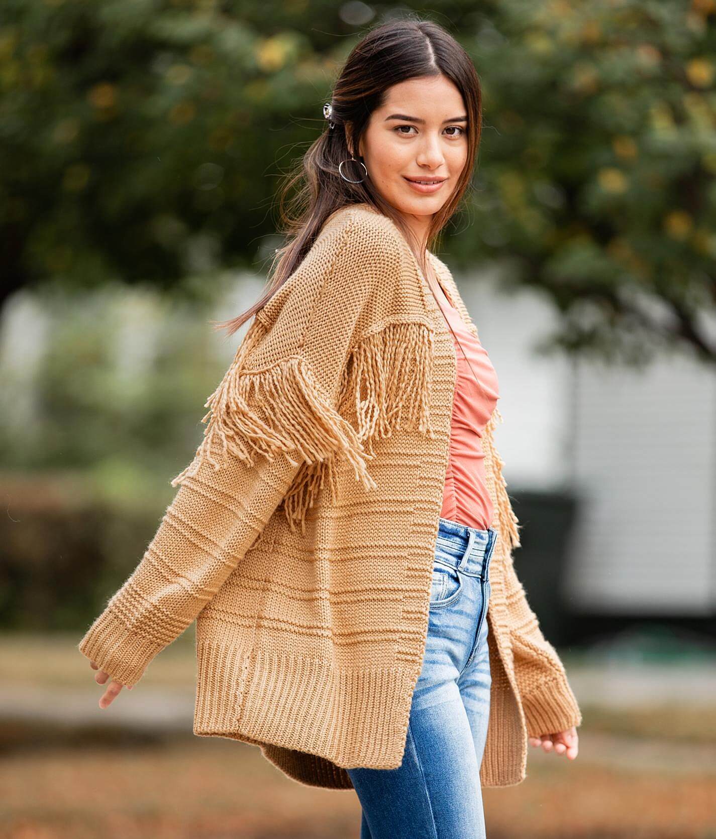 long fringe cardigan sweater