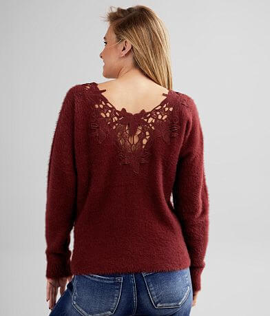 red by BKE Eyelash Knit Lace Trim Sweater back view