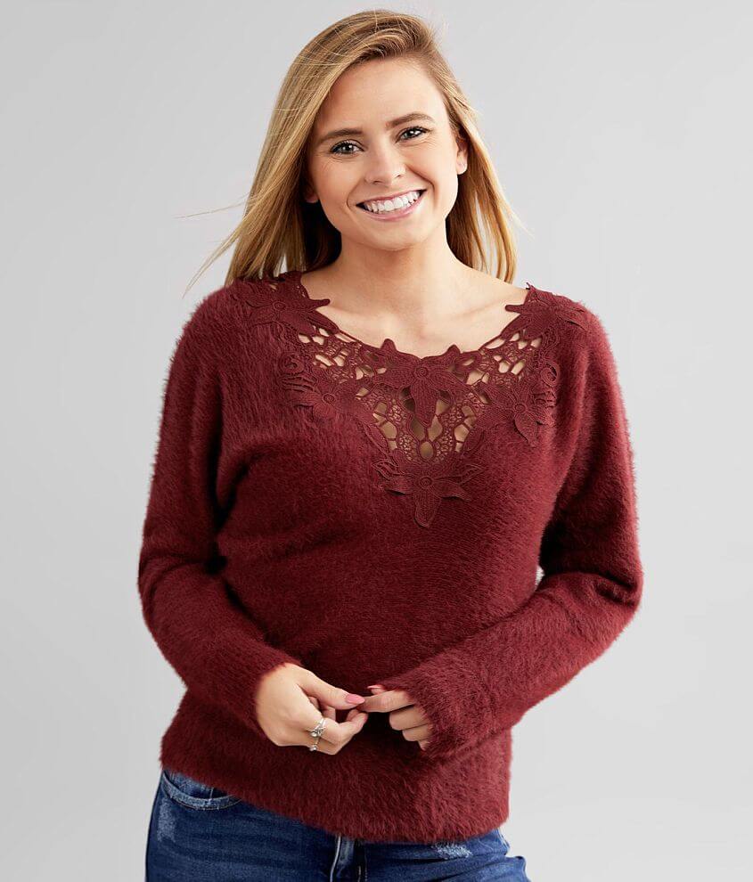 red by BKE Eyelash Knit Lace Trim Sweater front view