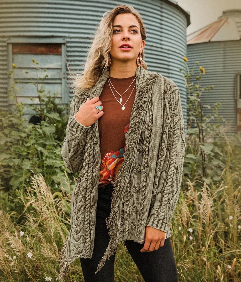 Cable-knit cardigan sweater