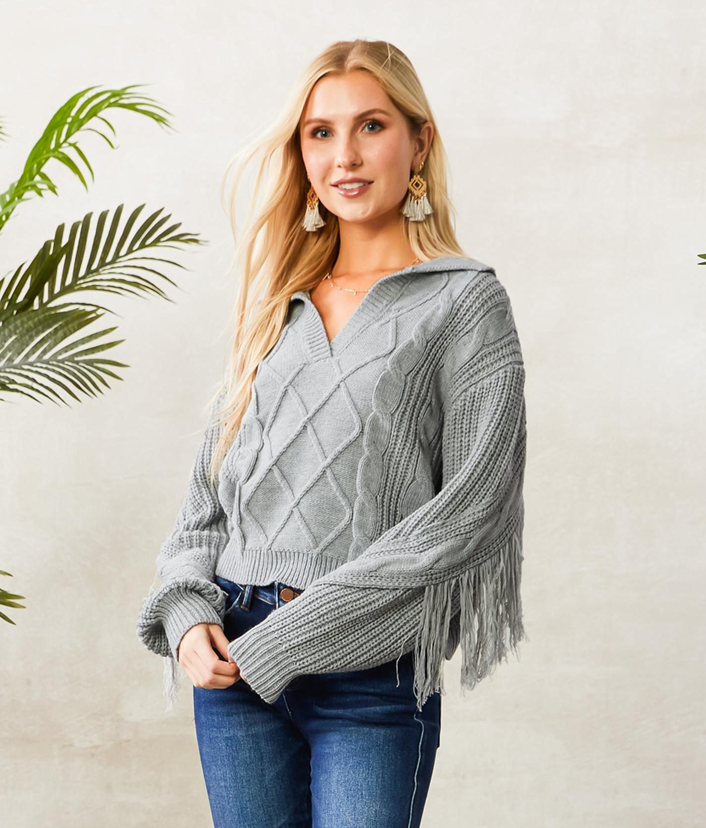 Willow & Root Cable Knit Fringe Sweater - Women's Sweaters in Grey | Buckle
