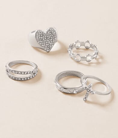 boutique by BKE 5 Pack Glitz Heart & Cross Ring Set front view