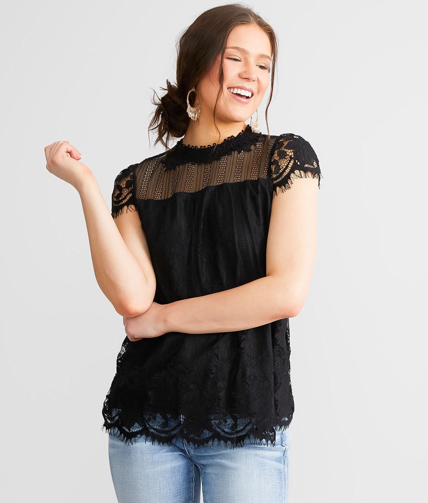 未使用　MEER. FLOWER LACE TOPS BLACK Cosmic Aura Black Floral Lace Girls Twofer Long-Sleeve Top