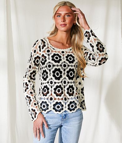 BKE Resort Floral Crochet Sweater front view