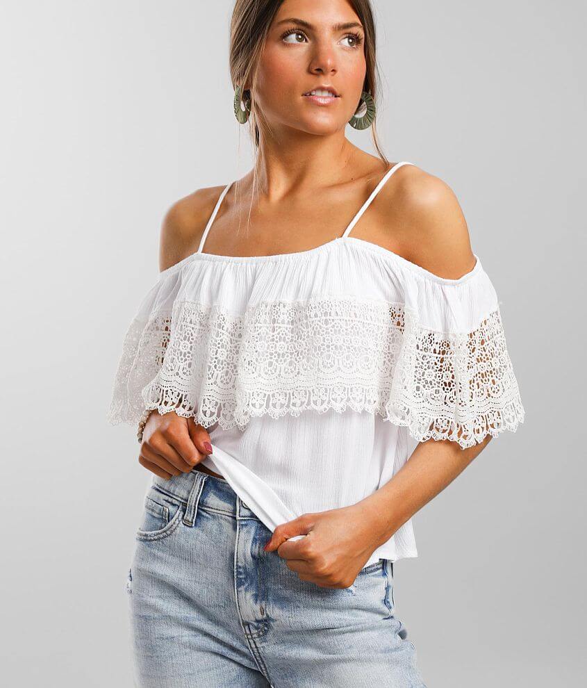 It's Pink Lace Crochet Overlay Cold Shoulder Top front view