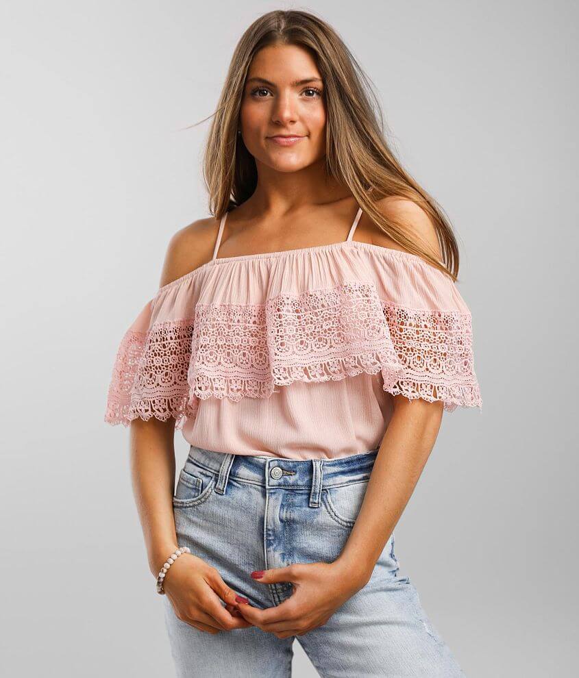 It's Pink Lace Crochet Overlay Cold Shoulder Top - Women's Shirts/Blouses  in Blush