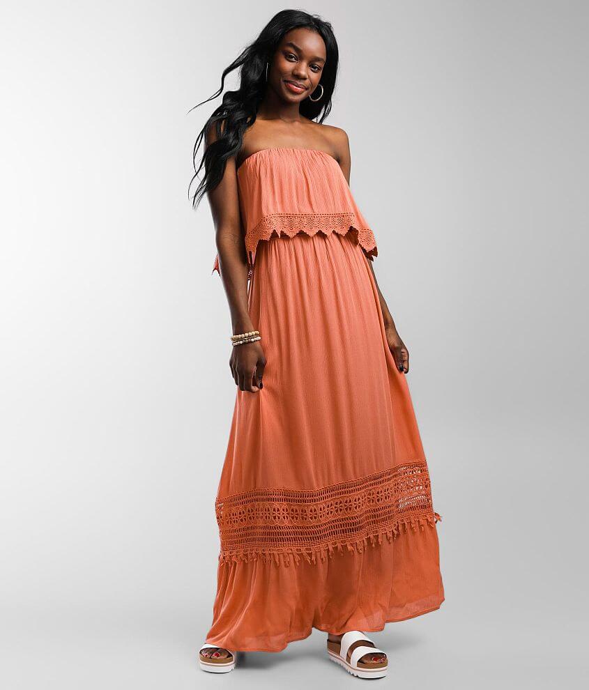 Daytrip Strapless Crochet Maxi Dress - Women's Dresses in Salmon