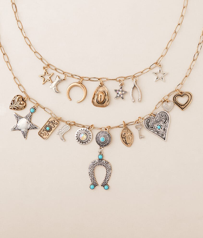 2 Pack Mixed Metal Charm Necklace Set