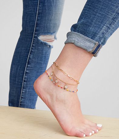 boutique by BKE 3 Pack Flower Ankle Bracelet Set front view