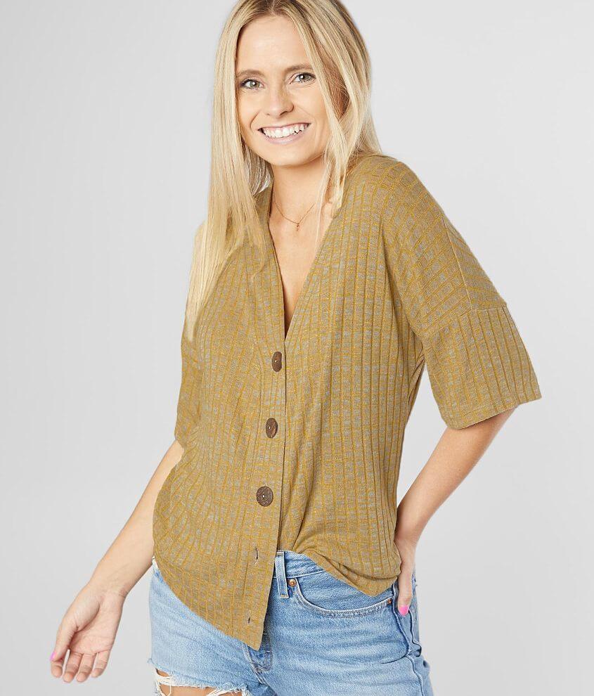 Daytrip Ribbed Button Down V-Neck Top front view