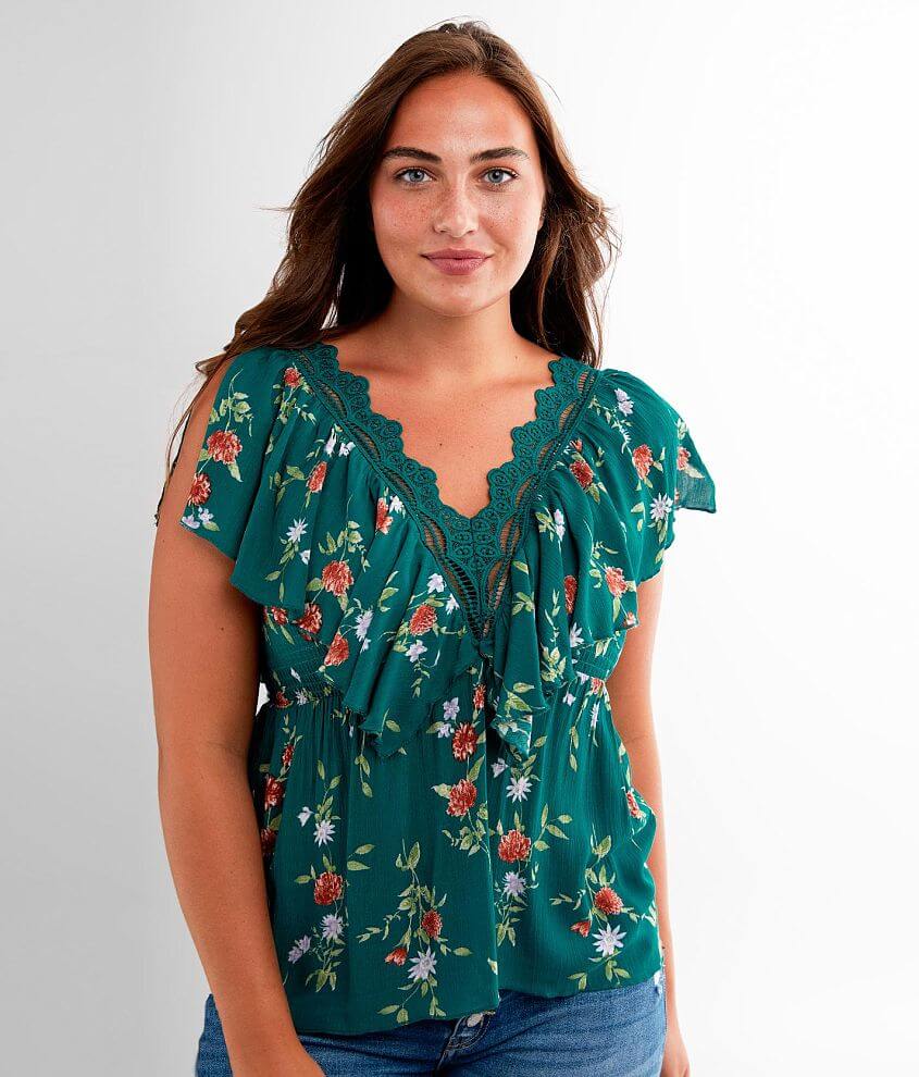 Daytrip Floral Flutter Sleeve Crinkle Top front view