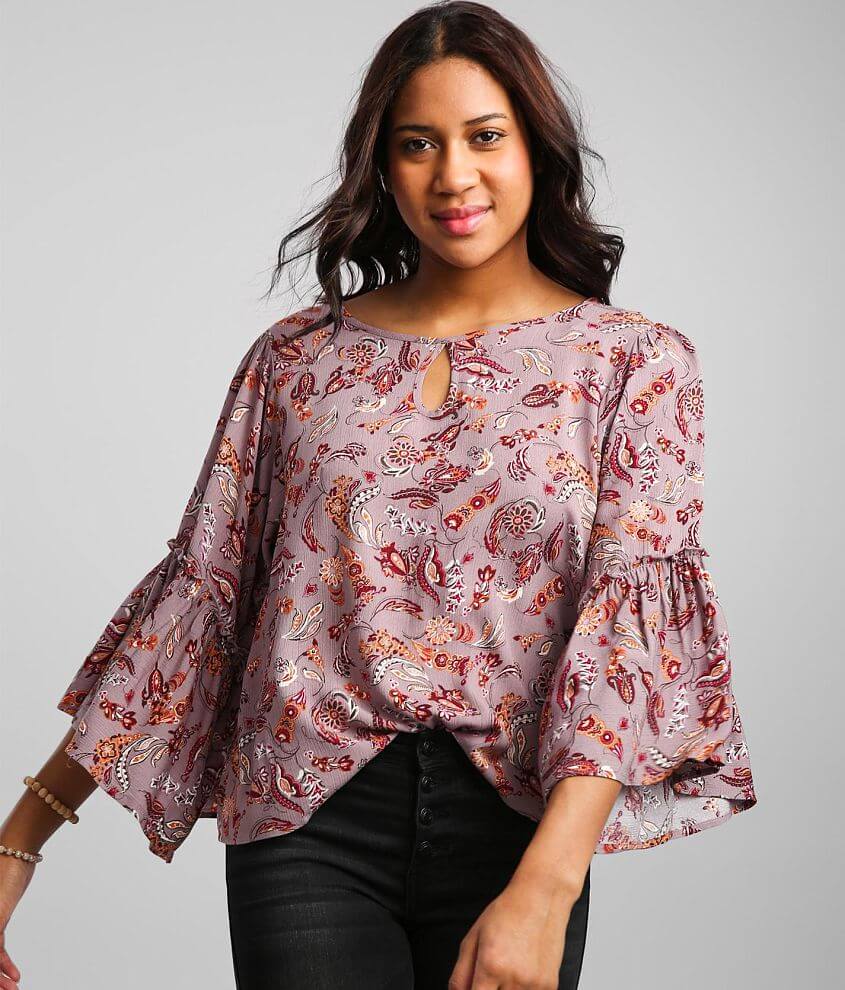 Daytrip Floral Bell Sleeve Keyhole Top front view