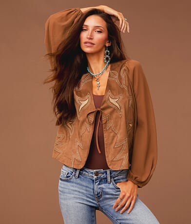 Sterling & Stitch Embroidered Faux Suede Top front view