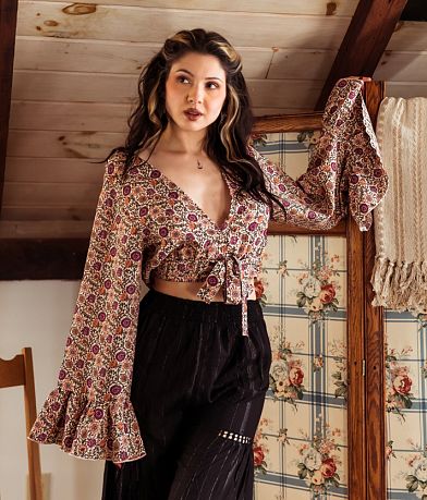 Willow & Root Floral Bell Sleeve Boho Top - Women's Shirts/Blouses in Black