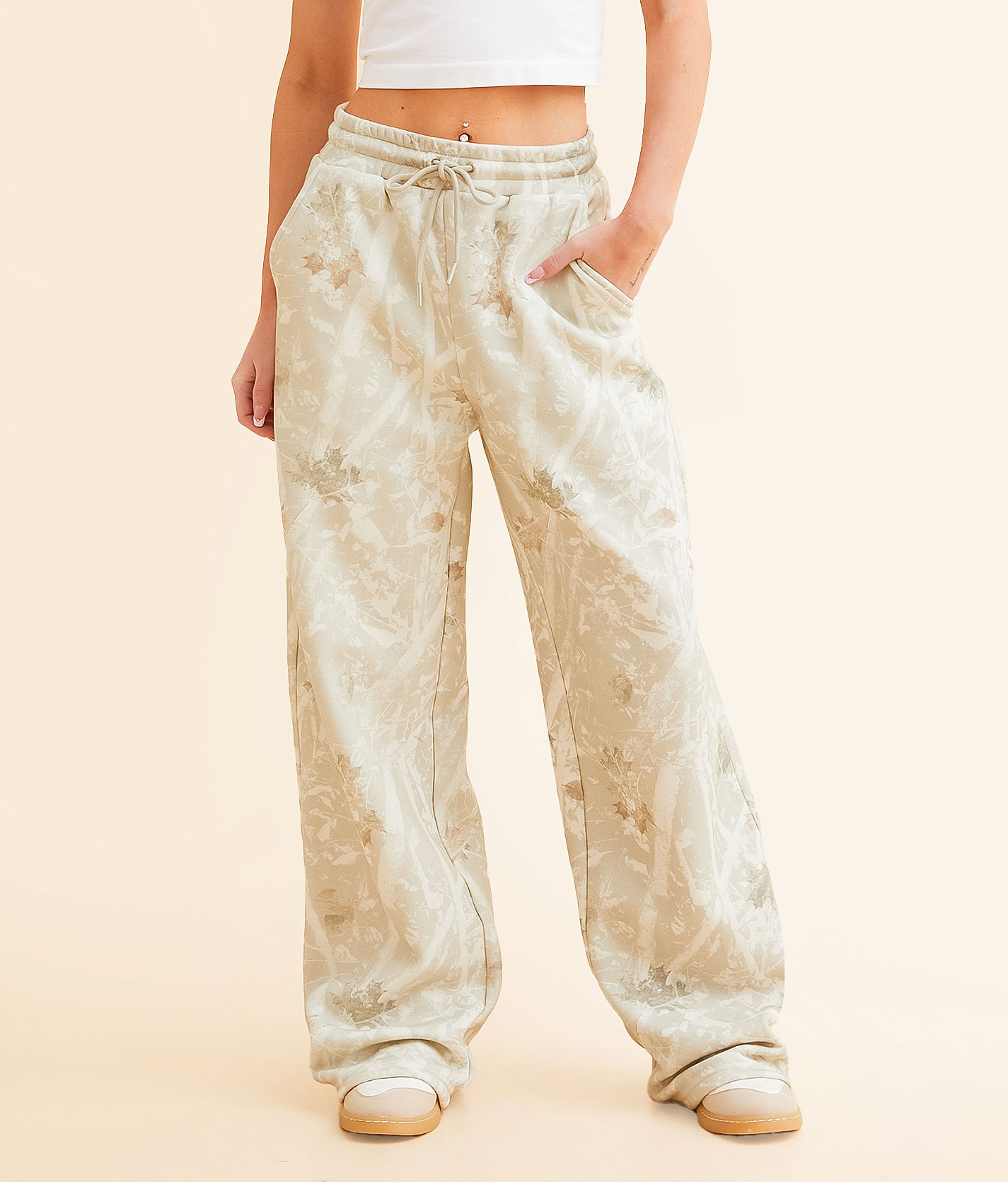【Venhit】camouflage pin tuck sweat pants White Birch Camo Joggers Beige Print Pants Plus Size 3X