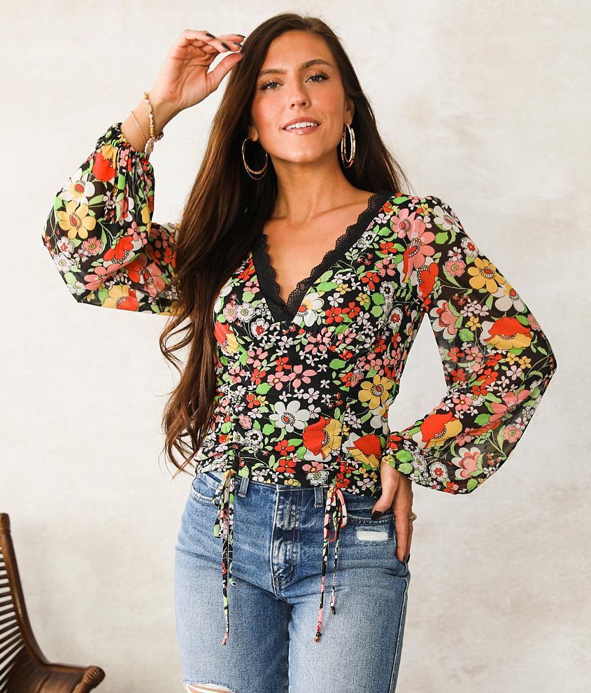 Willow & Root Floral Mesh Top - Women's Shirts/Blouses in Black Multi