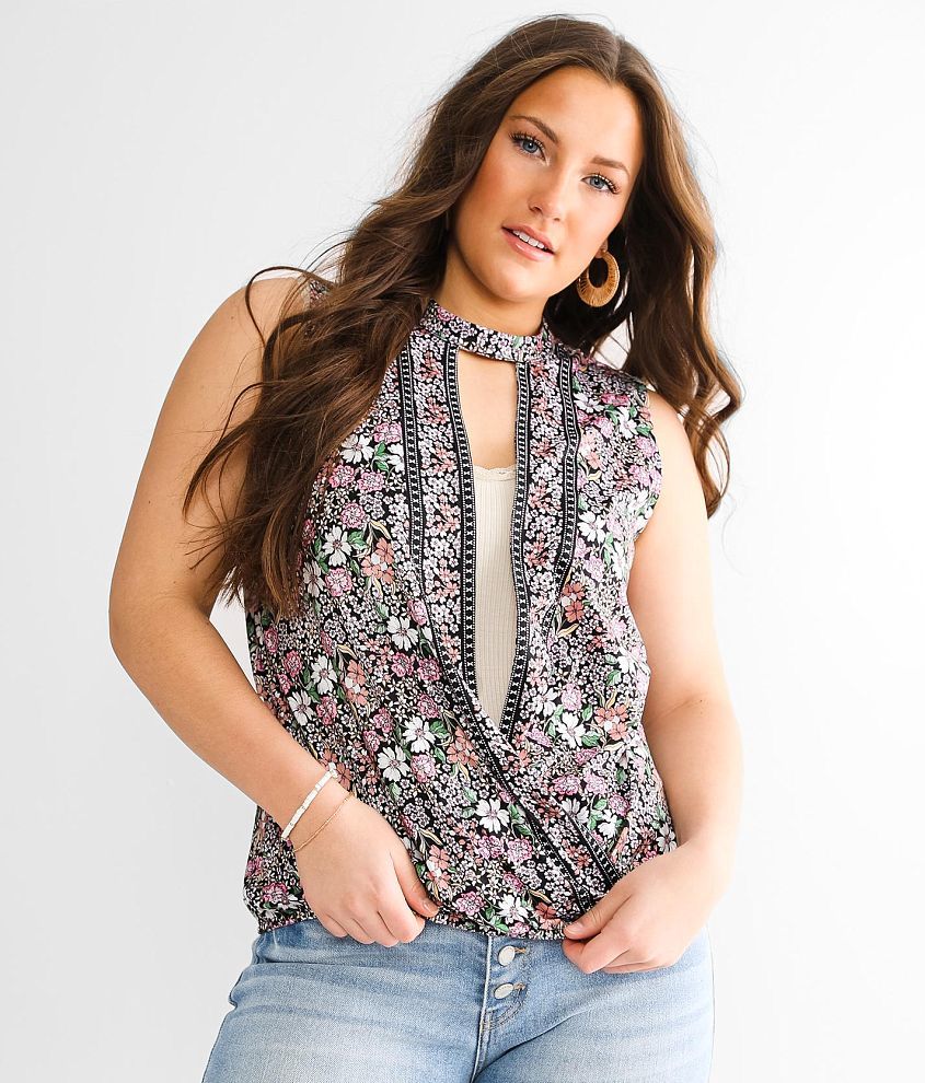 Daytrip Floral Surplice Tank Top Women's Tank Tops in Black Buckle