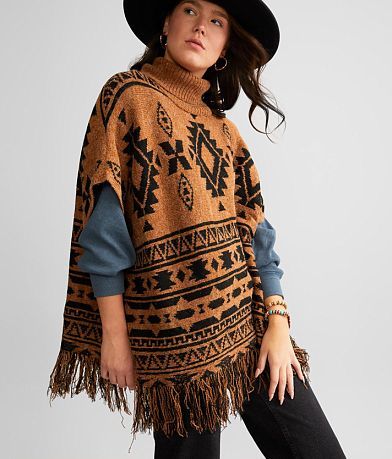 BKE Aztec Print Poncho Sweater misc detail 1 view