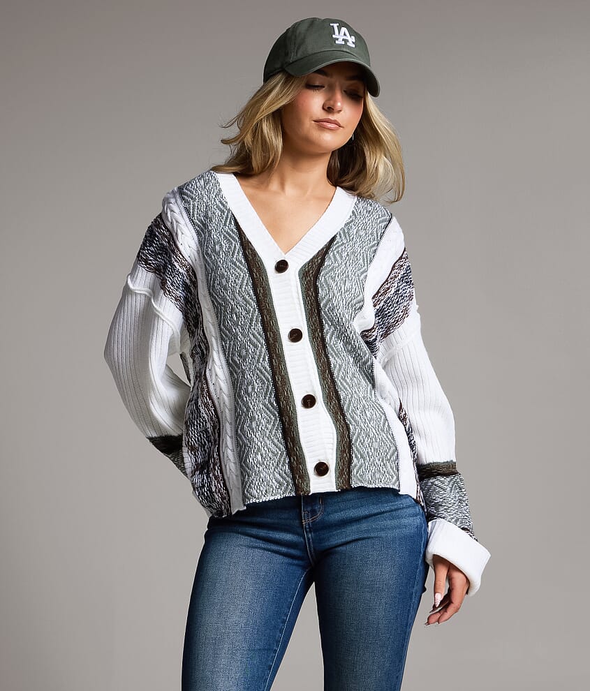 Striped Cable Knit Cardigan Sweater - thumbnail 2