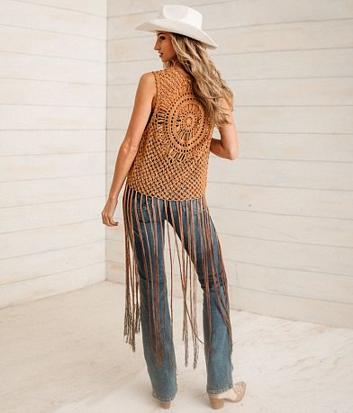 Sterling &amp; Stitch Crochet Fringe Sweater Vest BACK