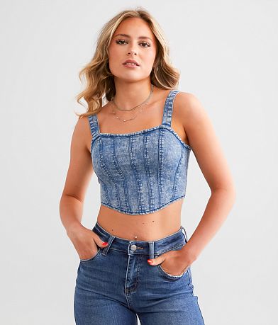 Willow & Root Cropped Denim Corset Tank Top front view