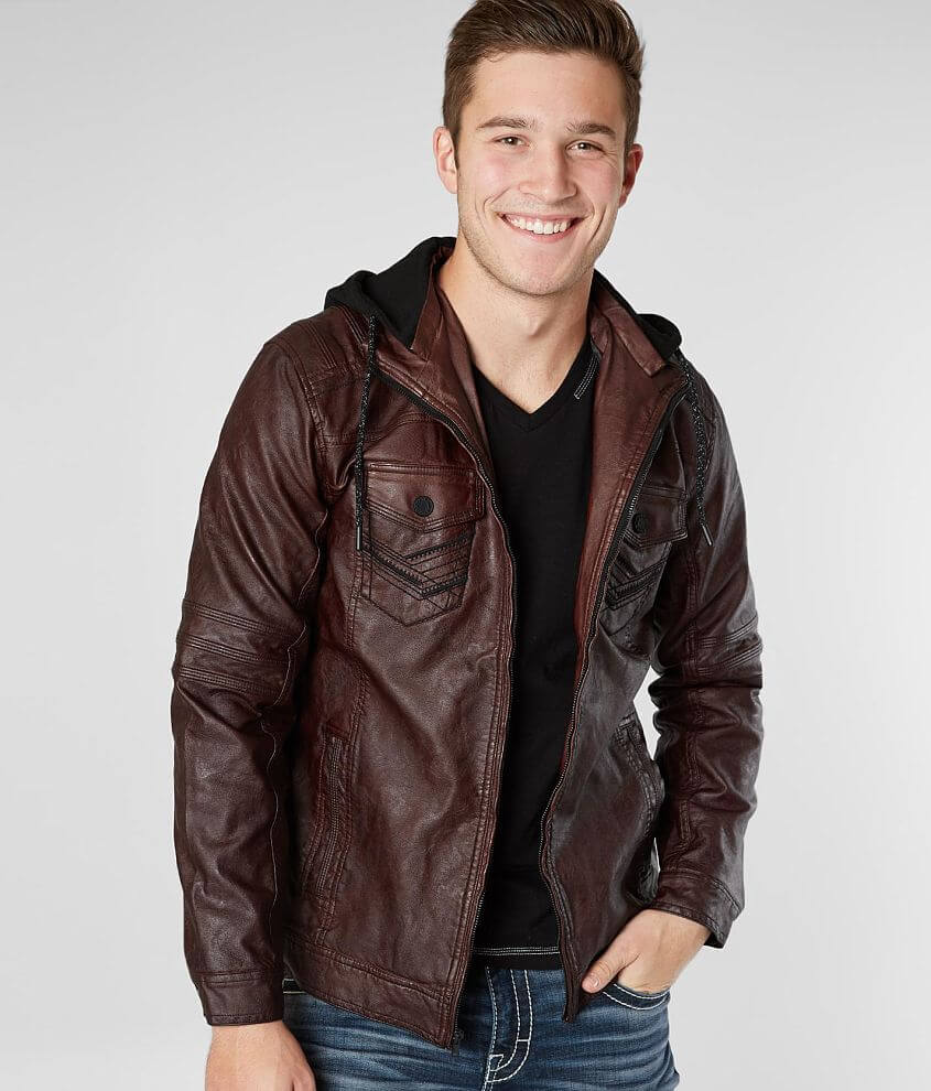 Buckle Black Faux Leather Hooded Moto Jacket front view