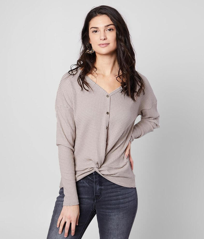 Daytrip Waffle Knit Faux Button Down Top front view