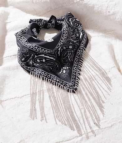 Sterling & Stitch Rhinestone Fringe Bandana Scarf front view