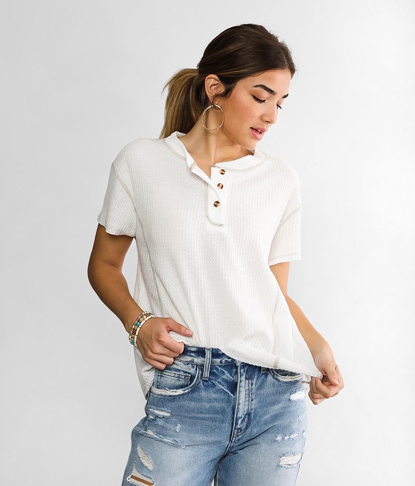 Waffle Knit Henley Top - White