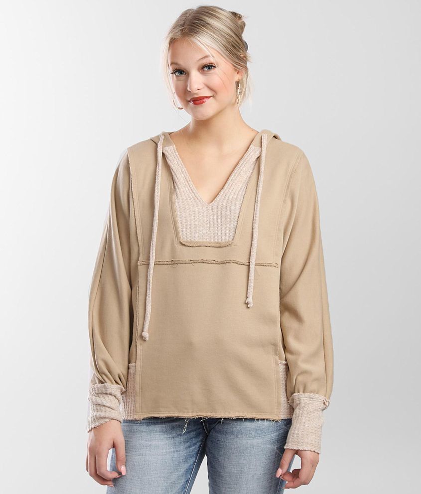 BKE Pieced Waffle Knit Hoodie Women s Sweatshirts in Taupe Buckle