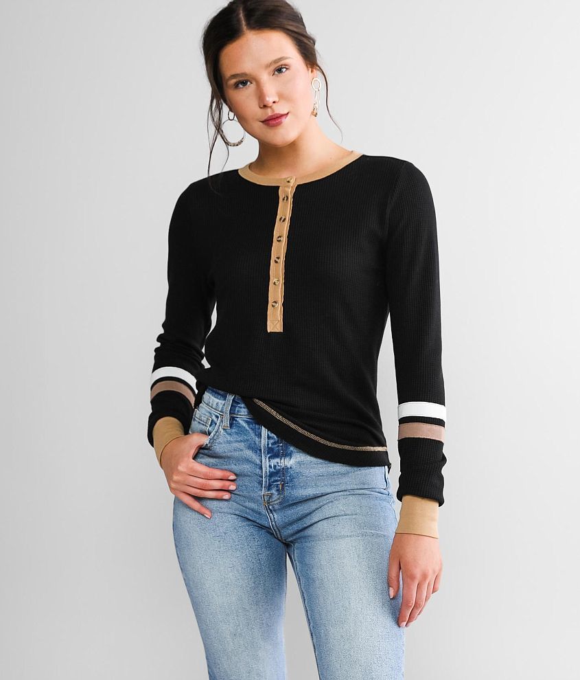 Waffle-Knit Henley Top for Women