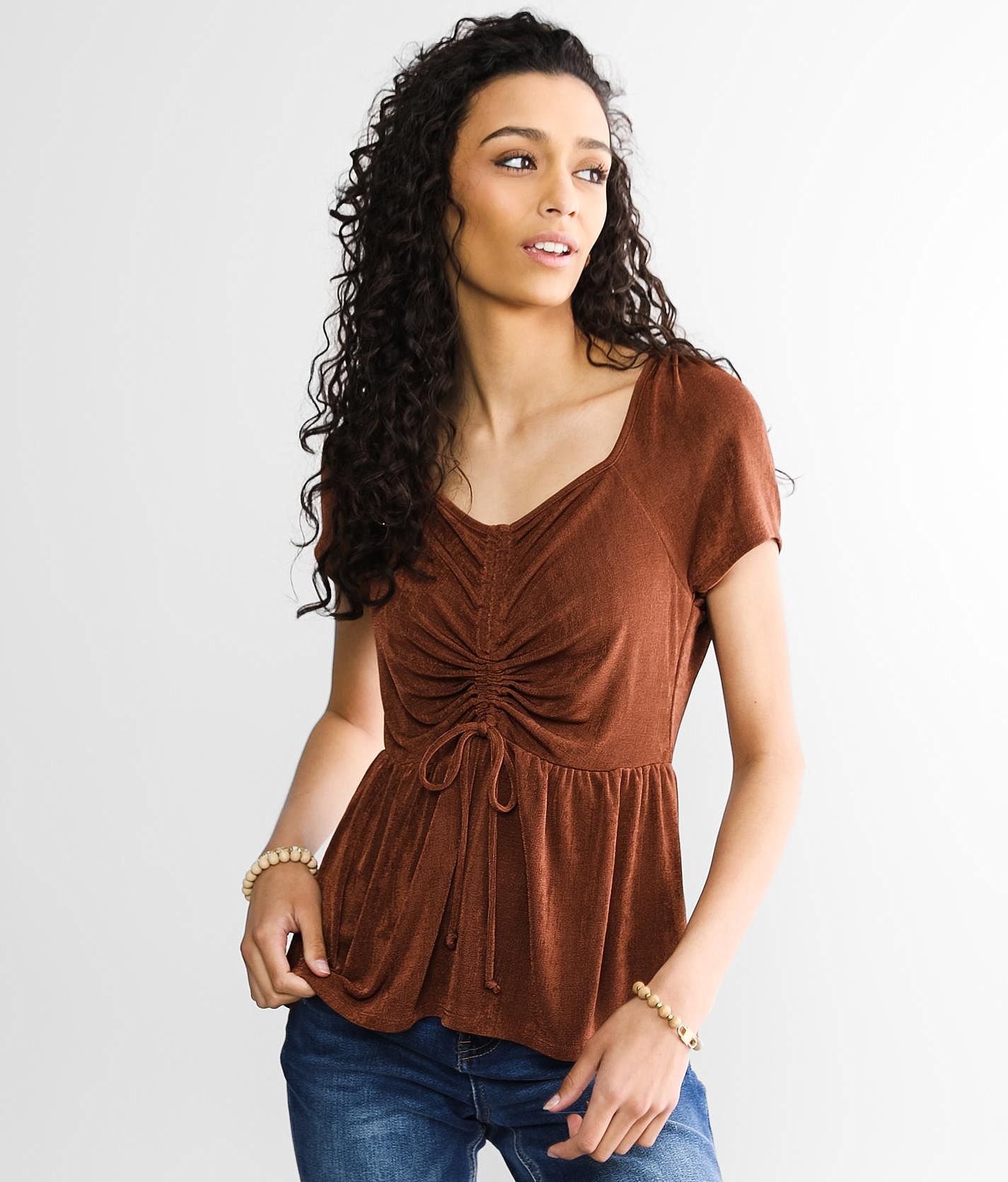 Daytrip Cinch Tie Babydoll Top - Women's Shirts/Blouses in Brown