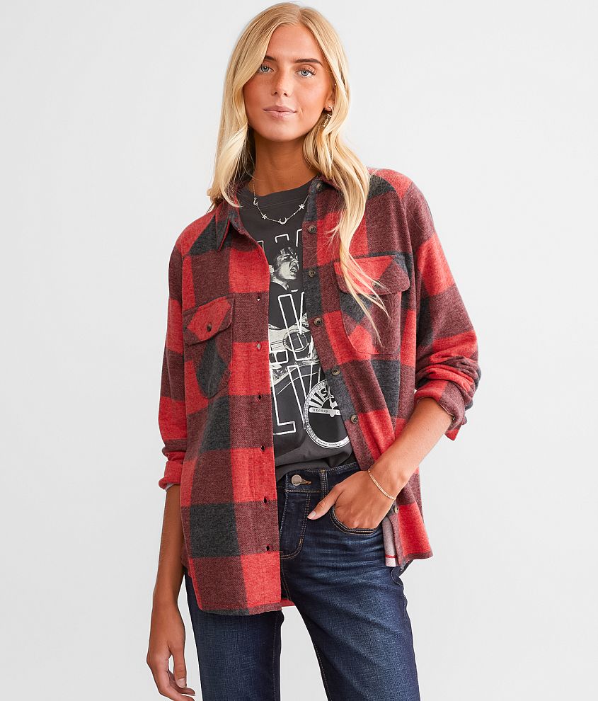 Modish Rebel Brushed Buffalo Plaid Knit Shirt Women s Shirts Blouses in Red Black Buckle